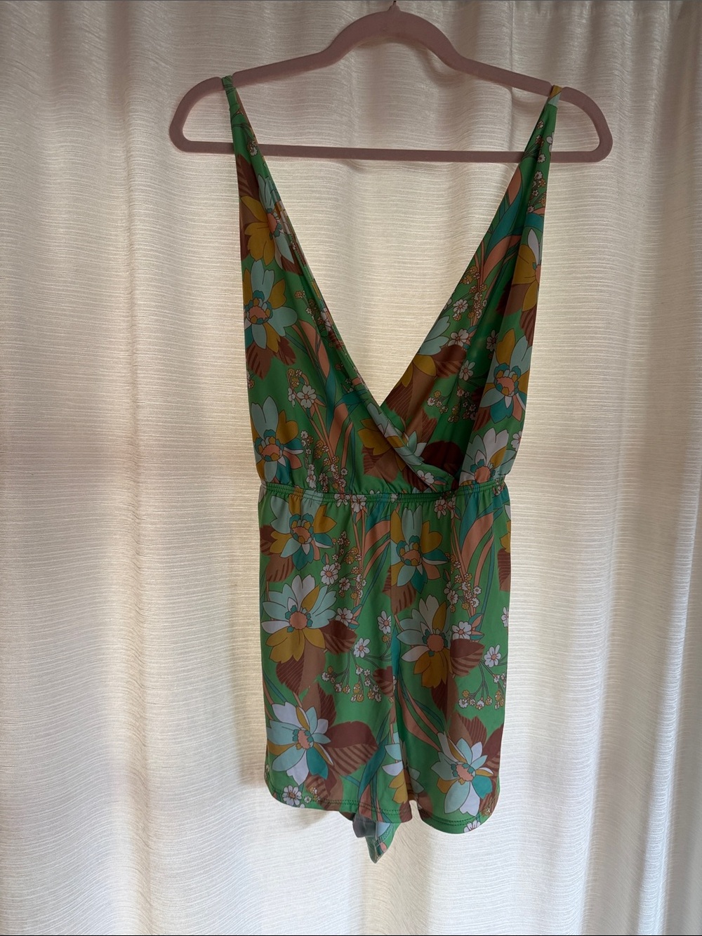 Groovy retro Green Floral Tropical Romper with low cross back